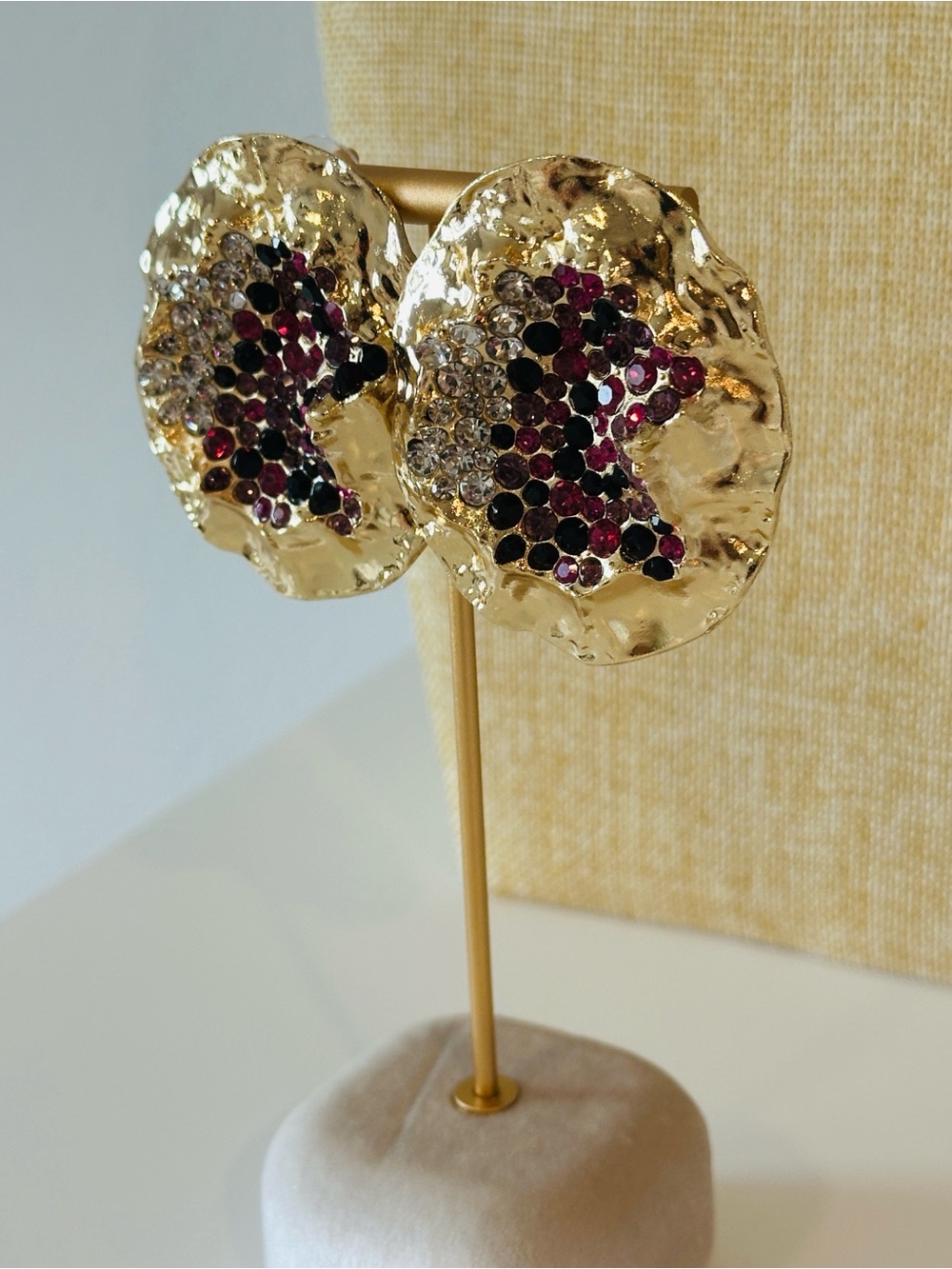 Fashion Jewelry Gold-Tone Disc Earrings with Pink, Purple & Black Crystals